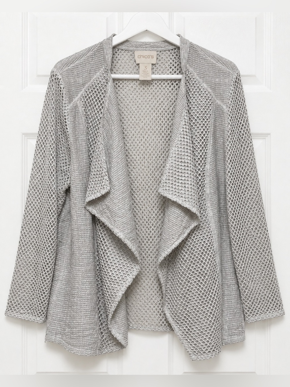 Chico's Size 3 XL Gray Mesh Waterfall Cardigan Open Front Lightweight